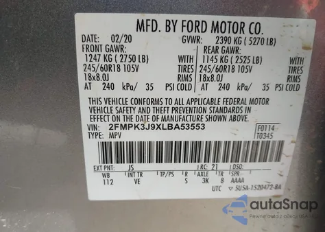 2020 Ford Edge Sel из США, поврежденный, VIN 2FMPK3J9XLBA53553